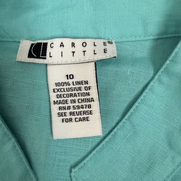 Carole Little Women’s 100% Linen Turquoise Tunic Top 3/4 Sleeve Sz 10 Coastal - Picture 3 of 9